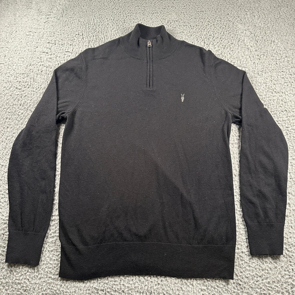 AllSaints Mens Kilburn Zip Funnel Neck Black‎ Wool Blend Pullover Sweater Large